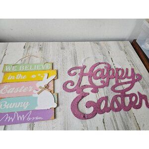Large Easter spring sign hanging sparkle glitter decor vintage shabby chic bunny